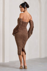 Mocha Ruched Mesh Bardot Midi Dress